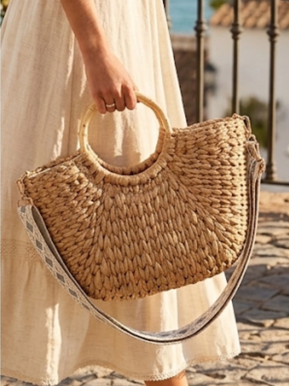 Haute Hippie Natural Woven Straw Tote with Patterned Strap